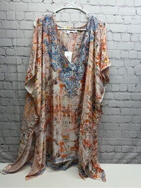 Love Kyla Peach & Blue Floral V-Neck Boho Tunic/kaftan embroidered sz L nwt